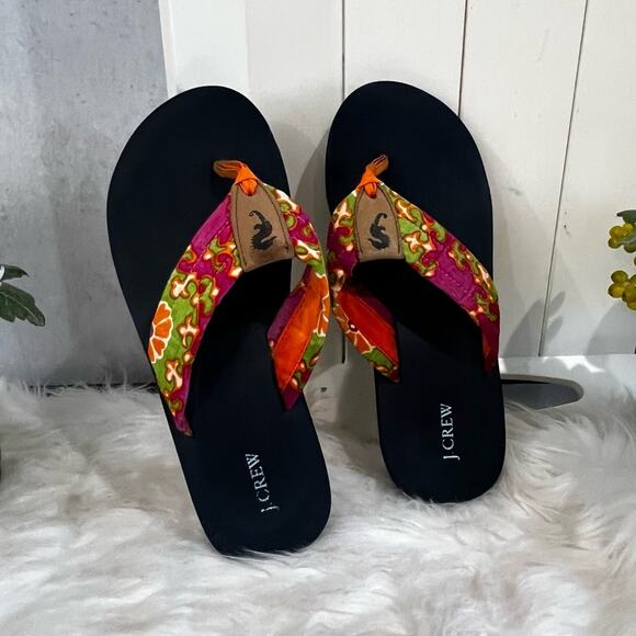 NEW J. Crew Preppy Seahorse Orange Pink Sunrise Retro Floral Flip Flops 6 NWOT - Picture 5 of 12